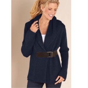 Soft Surroundings Belted Wool Knit Cardigan Sweater shawl collar navy brown XL